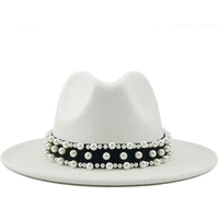 2020 hot men women wide brim wool felt fedora panama hat pearl belt jazz trilby cap party formal top hat in whiteblack