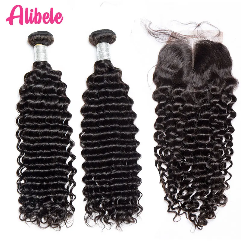 Alibele Peruvian Deep Wave Hair Bundles with Closure 4x4 Lace 3 4 Remy Human | Шиньоны и парики