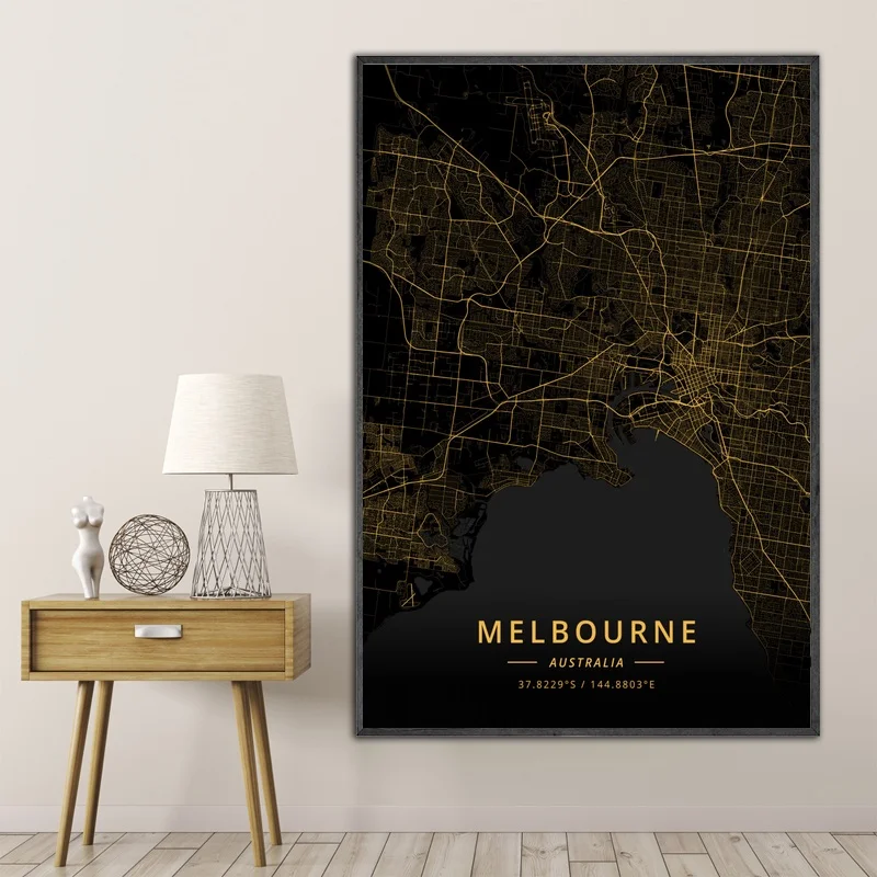 Черно-Золотая карта Мельбурна печатный плакат холст | Карта Австралии Дом и сад