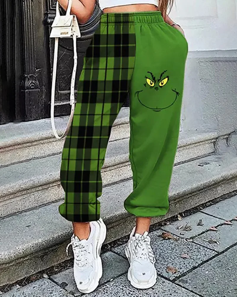 

2021 Casual Pants Sports Zipper Pocket Design Casual Pants Christmas Pocket Design Grinches Plaid Print Pants