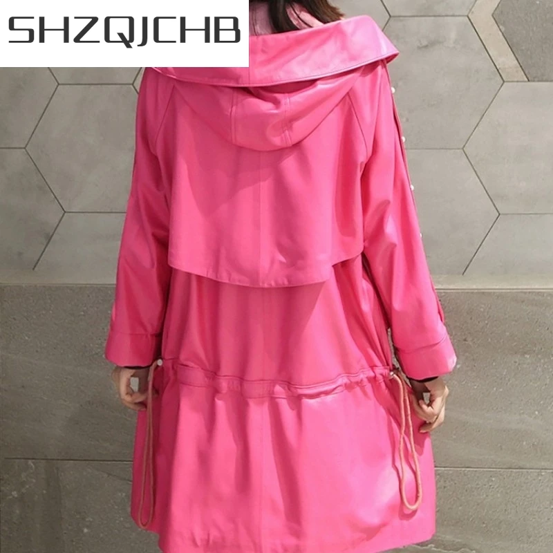 

JCHB 2021 Women Medium Long Genuine Leather Jacket Autumn Winter Loose Streetwear Sheepskin Hooded Windbreaker Light Green Runwa