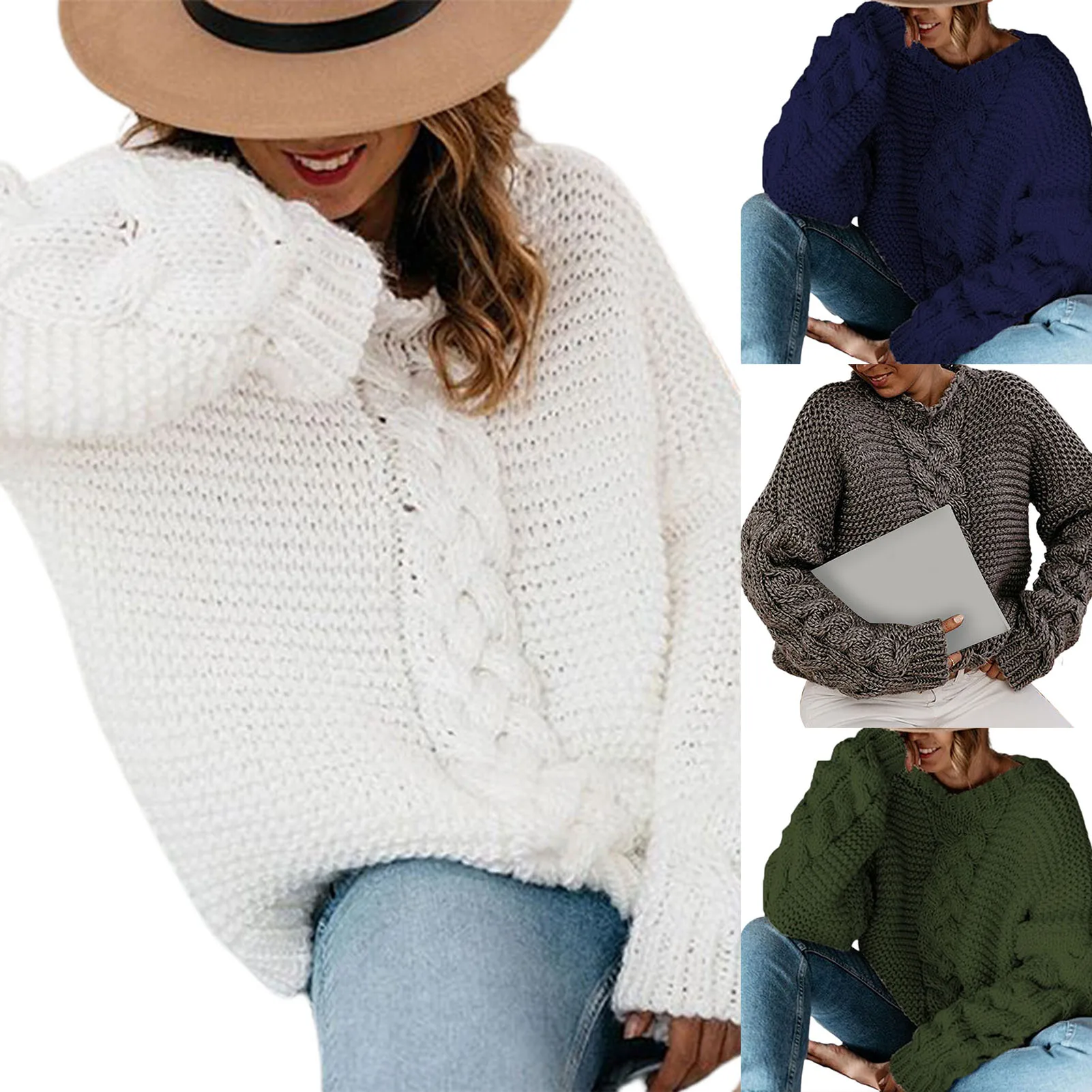 Женский вязаный свитер с V-образным вырезом однотонный Повседневный Свободный