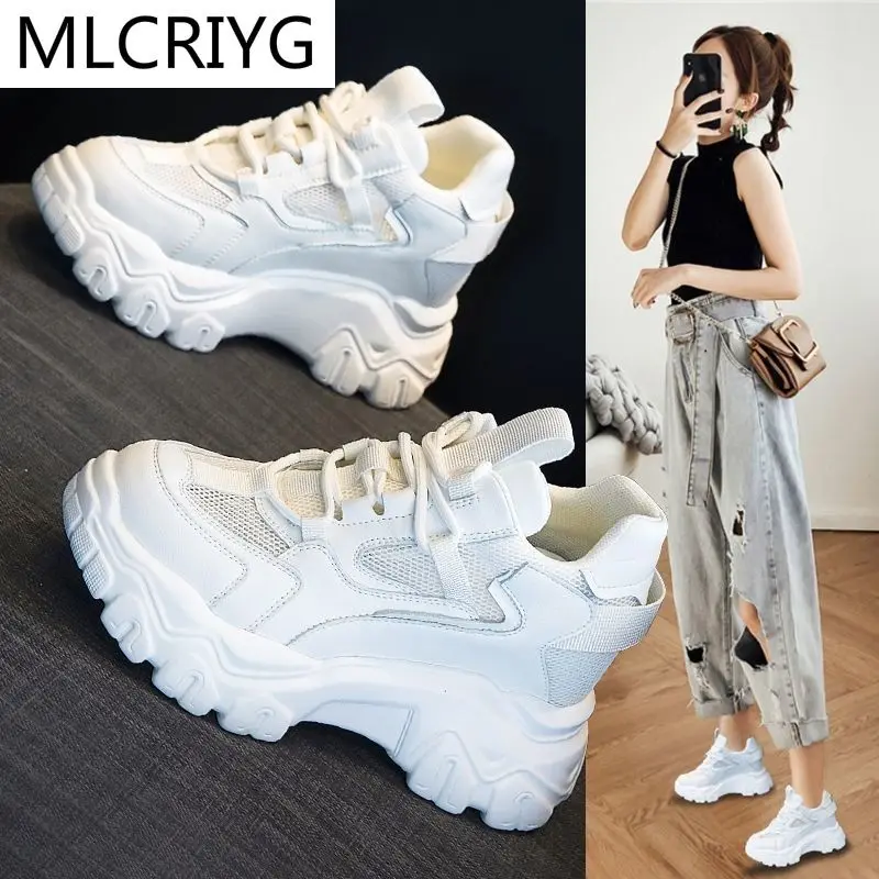 

Women's Chunky Sneakers 2021 Spring Women Shoes Round Head Breathable Mesh Casual Shoes Fashion New Platform Lace-up Dad Shoes