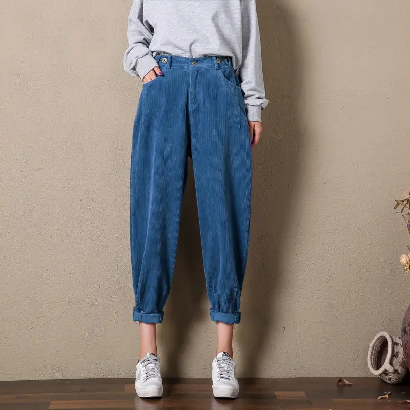Light blue thin Винтажные вельветовые брюки женские брюки свободные шаровары с высокой талией осенние зимние повседневные уличные штаны для мамы Pantalon Femme Q1924 - Цвет: Light blue thin