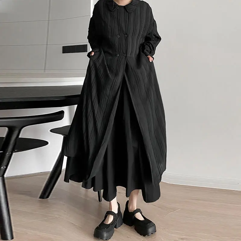

XITAO Black Dress Fashion New Women Double Breast Full Sleeve Striped Goddess Fan Casual Style Loose 2021 Summer Dress LDD1082