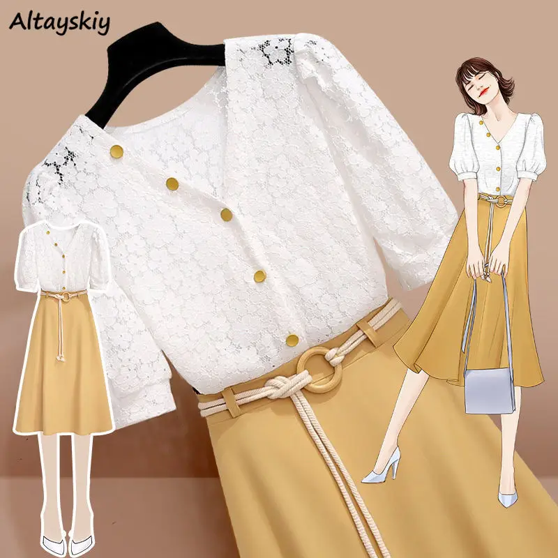 

Sets Women Temperament Solid Single Breasted Stylish Loose Simple Summer Lace Cardigan All-match Streetwear Skirts 2 Piece Daily