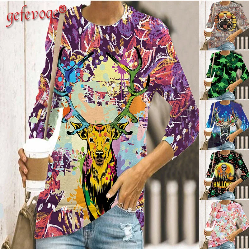 

2021 Autumn New Fashion Women's Clothing Round Neck Print All-Match Slim Femme Tops Casual Long Sleeve Loose Female T-Shirt