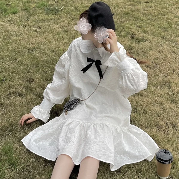 

Doll collar antique dress spring new 2021 girl white dress vestido de mujer Lantern Sleeve Preppy Turn-down Collar