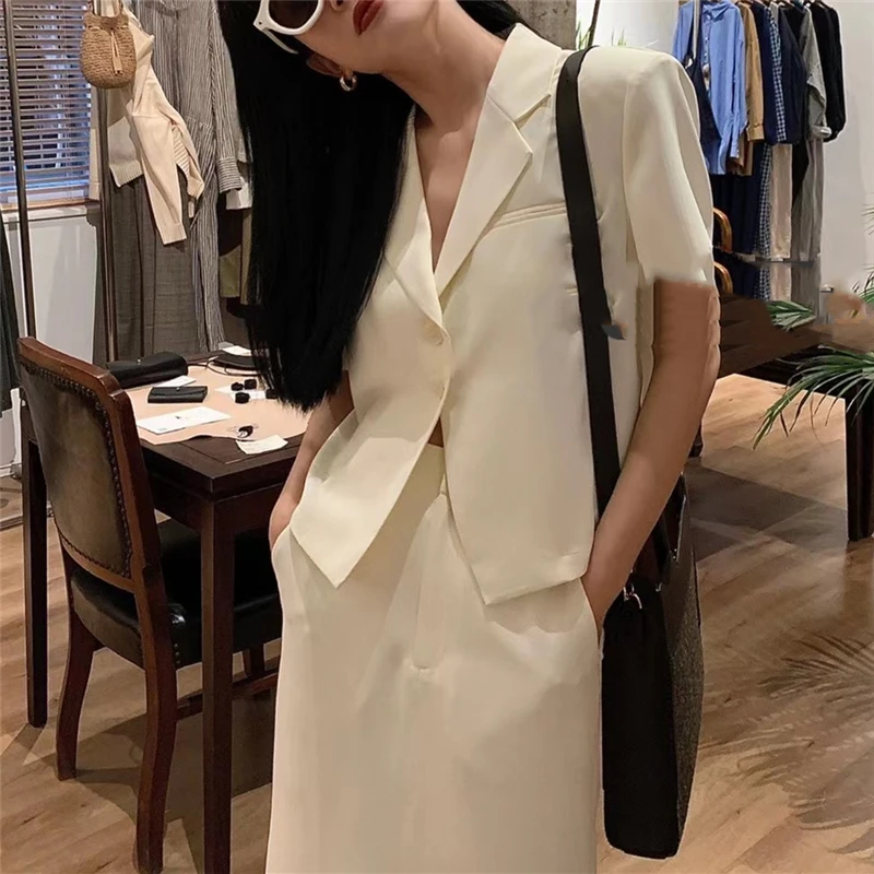

Women's Casual Short Suits Jacket New Summer Slim High Waist Solid Skirt 2 Piece Sets Office Lady Suit