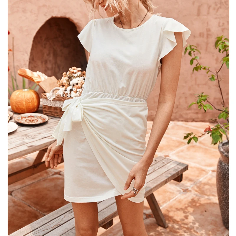 Элегантное женское платье с лепестками белое Повседневное круглым вырезом