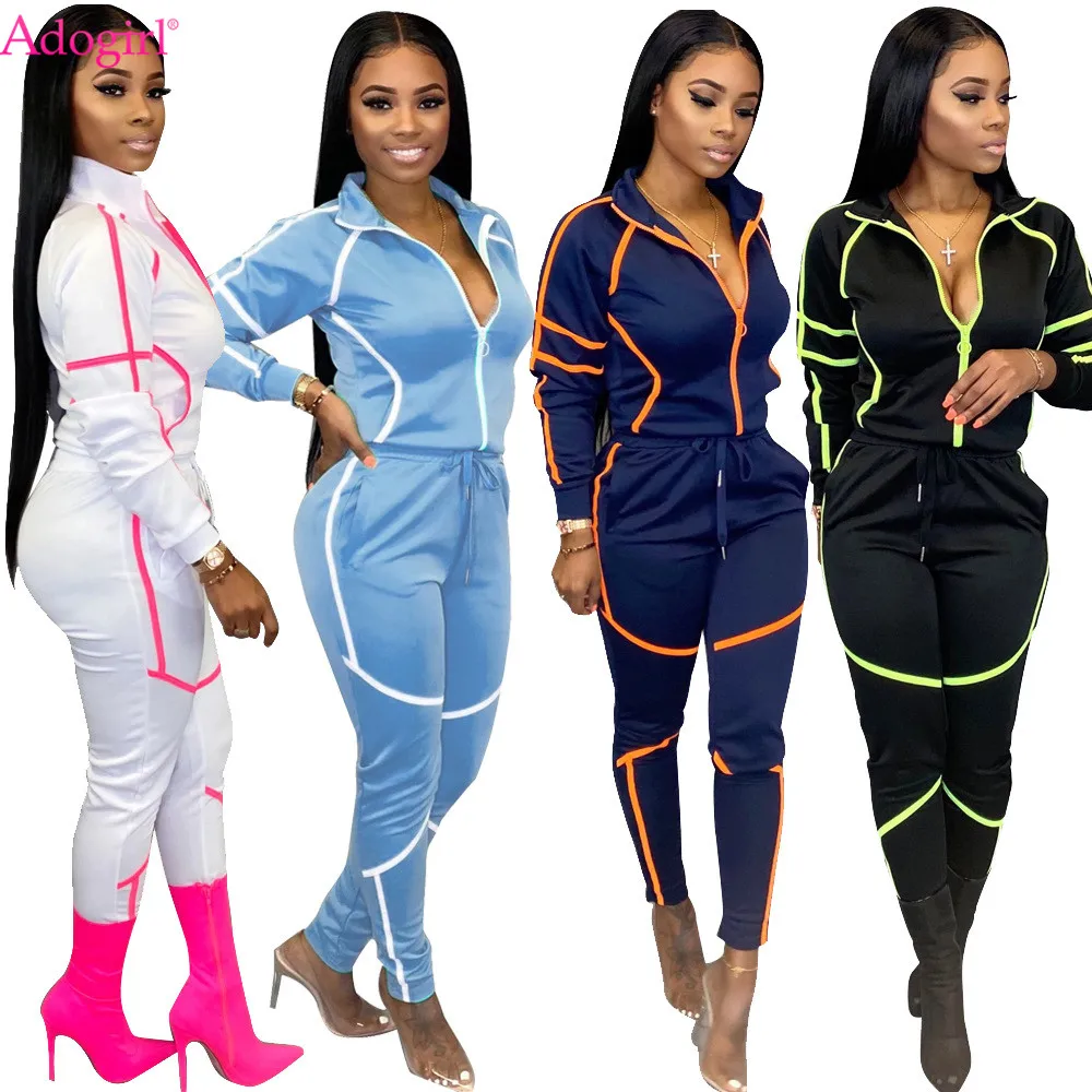 

Adogirl Color Patchwork Two Pieces Set Turn Down Collar Zipper Long Sleeve Top Pants Tracksuit Casual Jogger Sportswear Suit