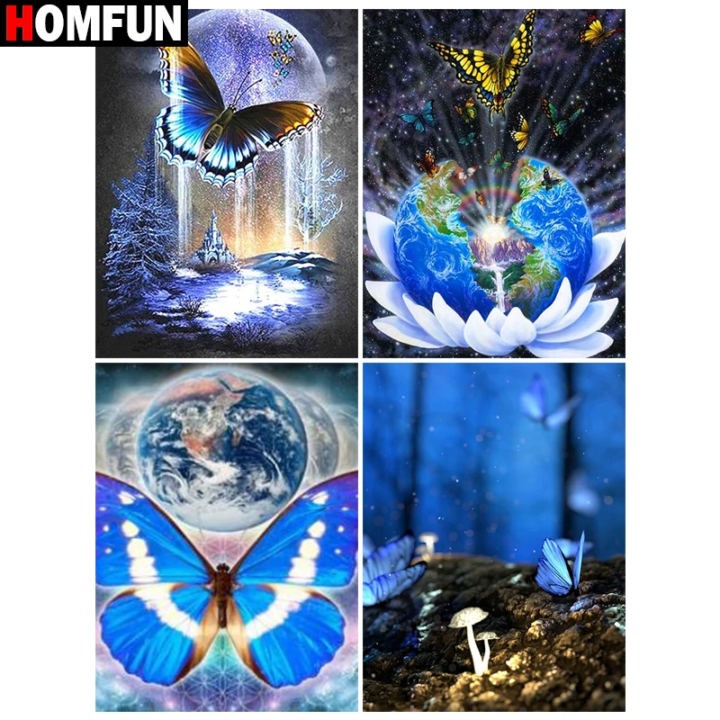 

HOMFUN Full Diamond Embroidery "Butterfly blue flower" Diamond Painting Cross Stitch Patterns Rhinestone Unfinished Home Decor