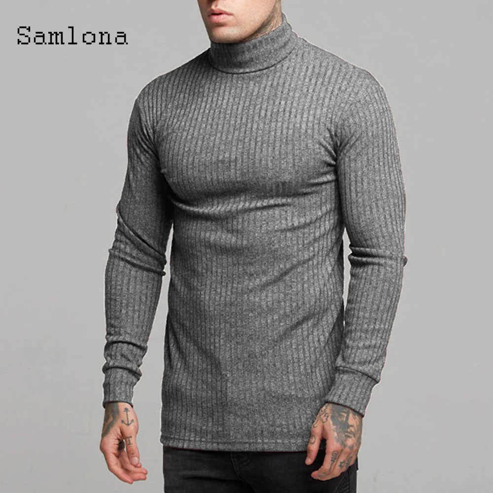

Мужская футболка с высоким воротником, простой приталенный Вязаный топ с высоким воротником и длинными рукавами, весна-осень 2021, мужская одежда