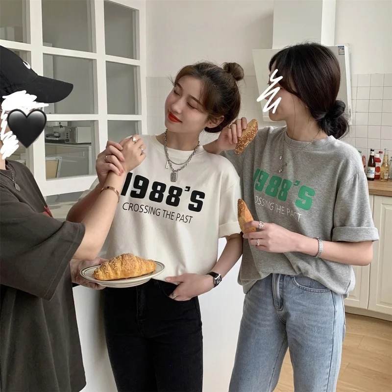 

White t-shirt female 2021 summer new Korean version loose lazy student letter short-sleeved shirt