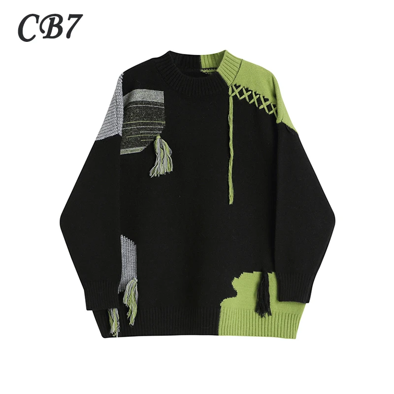 

Women Knitted Sweater Splicing Print Pullover Long Sleeve Round Neck Loose Jumper Y2K Fashion Vintage Knitwear Streetwear