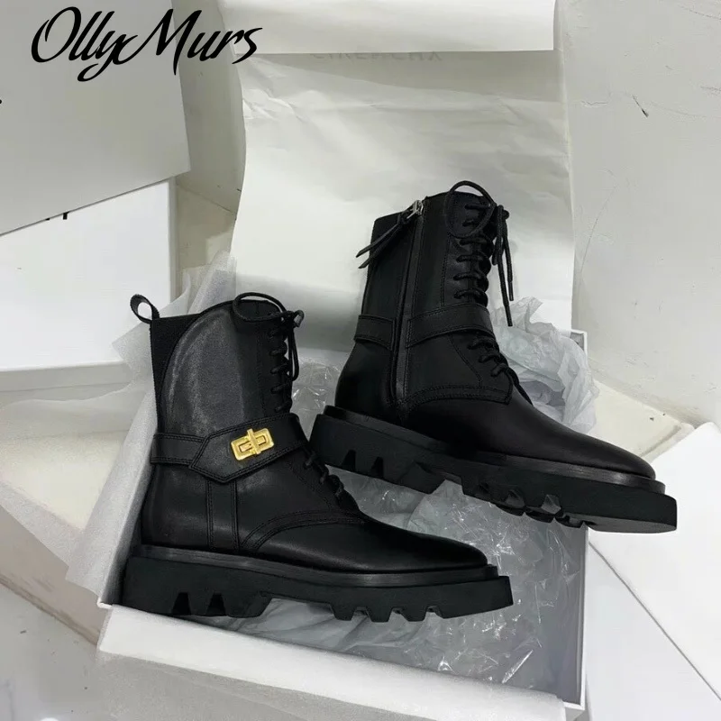 

Ollymurs women Black Eden turn-lock fastening Lace-Up Leather Luxury nbsp;Motorcycle Ankle Boots zip Round Toe martin Boots