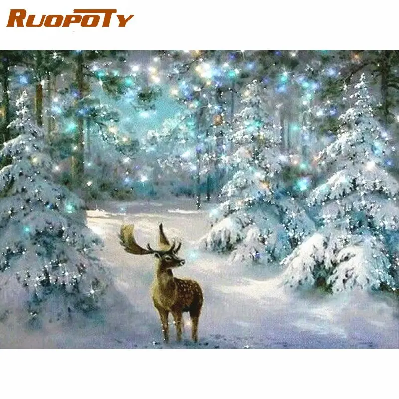 

RUOPOTY Christmas Deer Animal Painting By Numbers Kits For Adults HandPainted Framed Canvas Acrylic Paints By Number Home Art