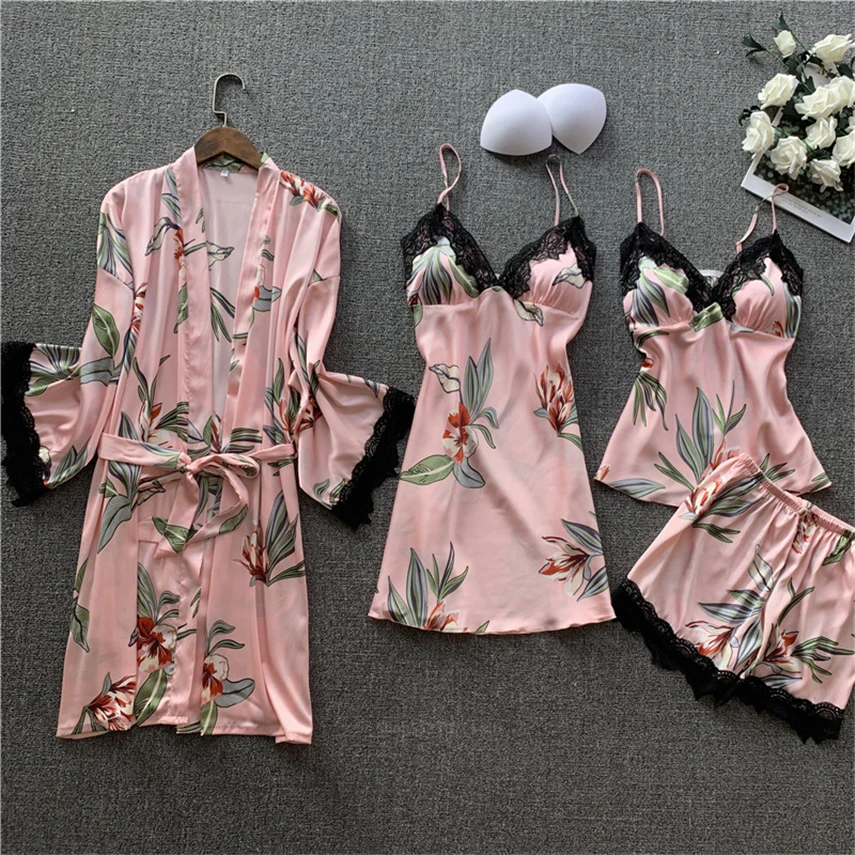 Пижама женская шелковая с длинным рукавом комплект из 4 предметов ночная рубашка