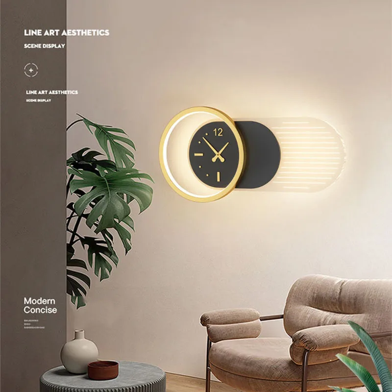 Modern LED Clock Wall Lamp Golden Nordic Round Wall Light with Clock for Bedroom Bedside Living Background Wall Decoration Lamp