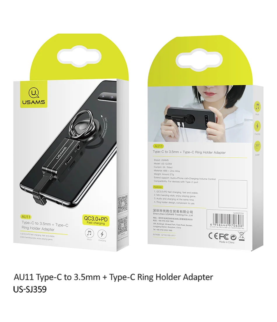 USAMS Тип C 3,5 мм Aux адаптер type-c OTG Аудио адаптер для samsung S10 S9 USB C к type C двойной QC PD 3,0 адаптер быстрой зарядки