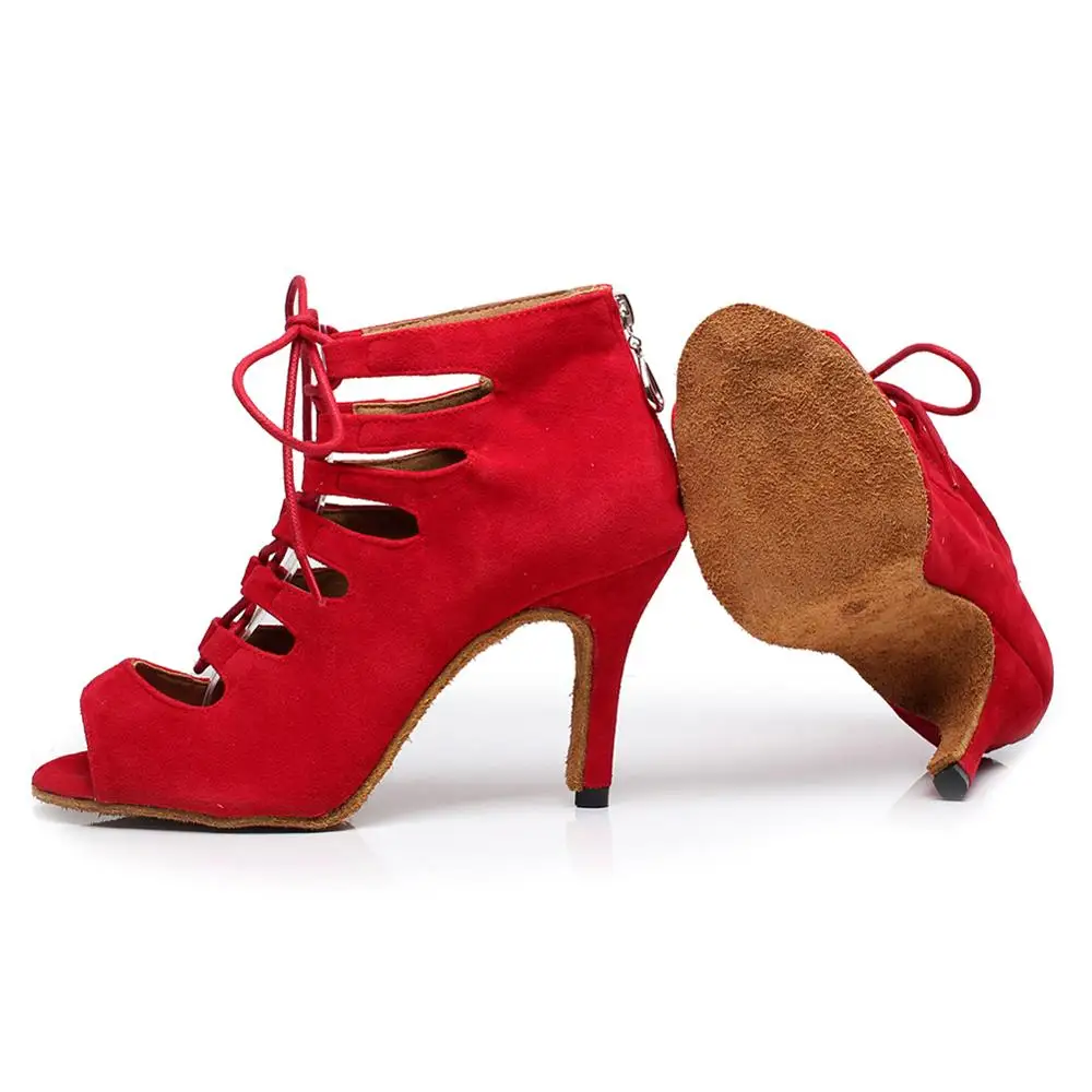 

SWDZM Women ballroom Latin dance shoes lace suede dance boot for dancing shoes girls female ladies practice competition blue Red