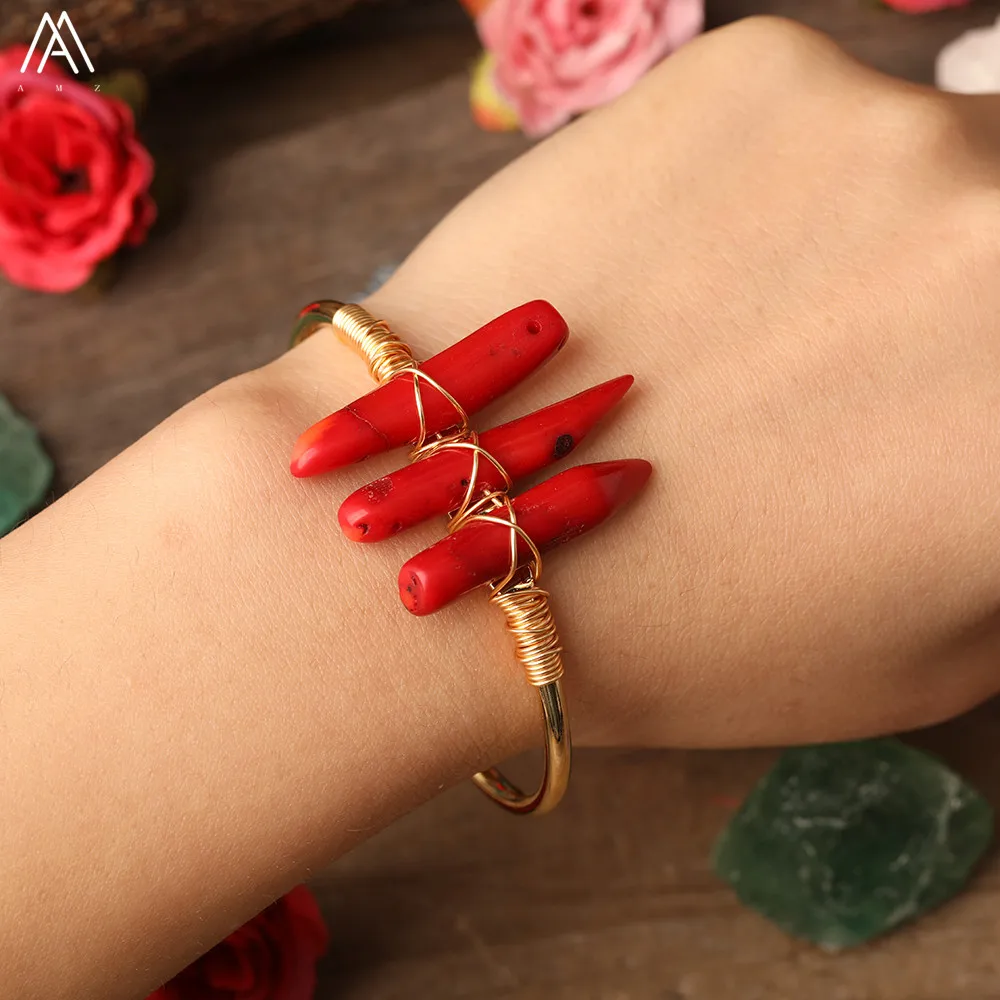 

Fashion Women Stone Beads Bracelets Gold Copper Wire Wrapped Natural Red Coral Beads Open Cuff Bracelet Bangle Beauty Jewelry