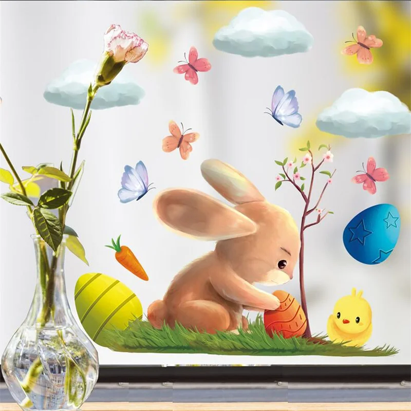 

1PCS Spring Easter Day Happy Rabbit Wall Stickers For Living Room Shopping Mall Window Glass Scene Window Stickers 30*20CM