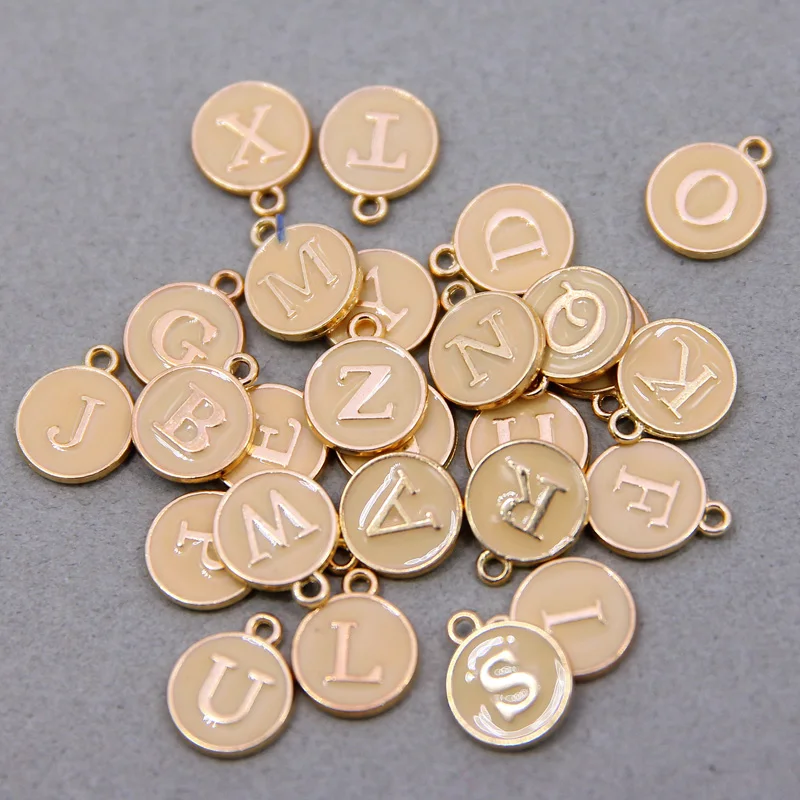 10/26pcs Double-sided Flat Round Alloy Letter Charms Beige Enamel Charms Alphabet Initial Letter Pendants for DIY Jewelry Making