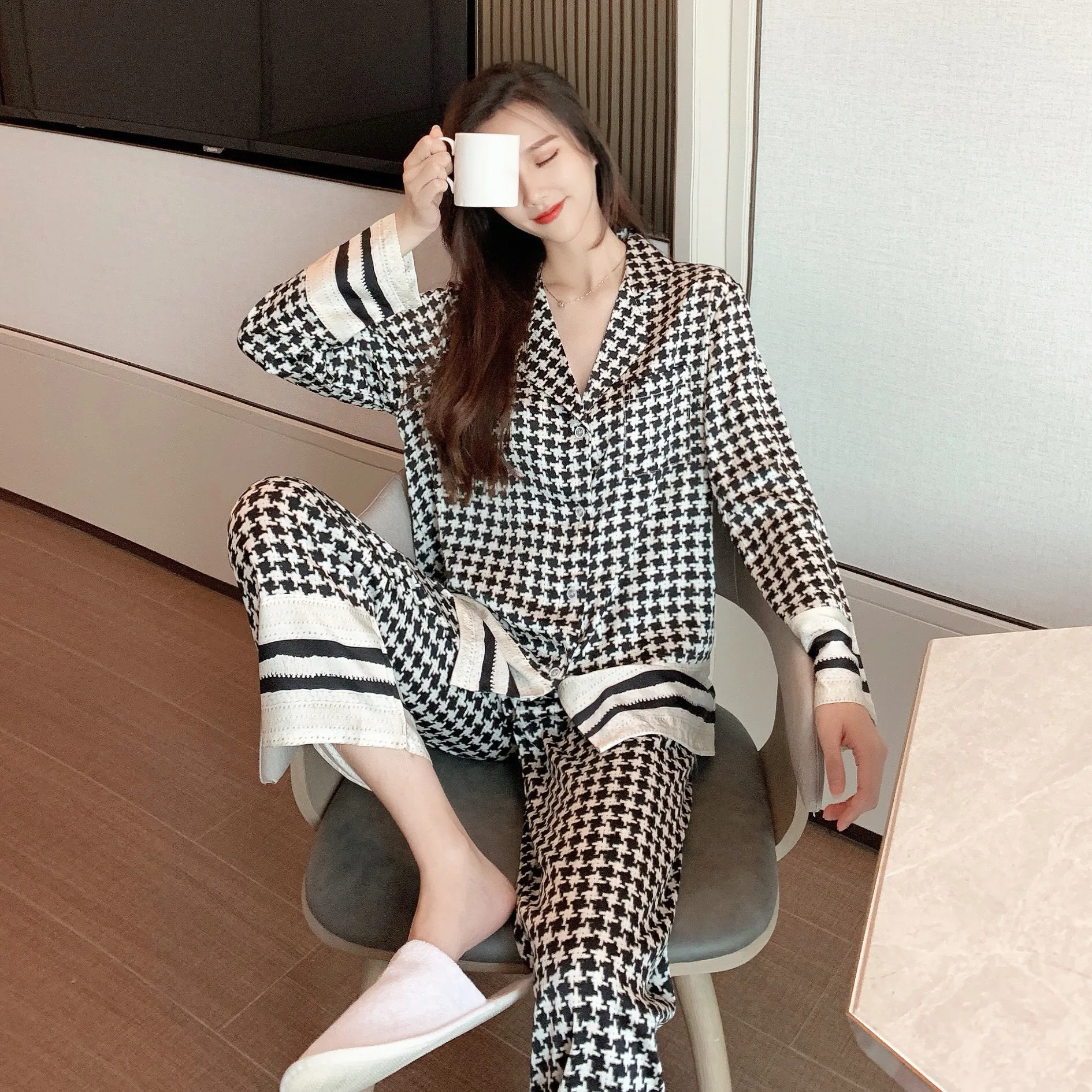 

Spring Lady Pajamas Set Sleepwear Rayon Nightwear Plaid Pijamas Suit Nightgown Sweet Homewear Loungewear Sexy Home Clothes