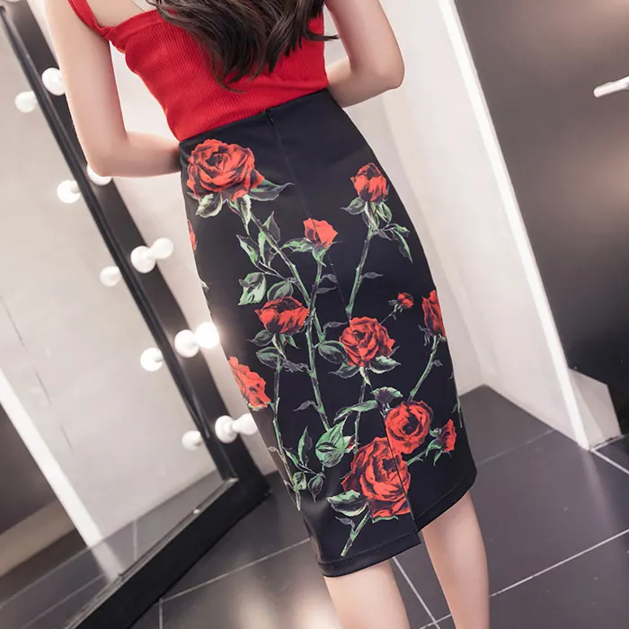 

High Waist Hip Rose Retro Hip Temperament Mid-Length Knee-Length Split Half-Length Skirt Lady rose flower pencil skirt