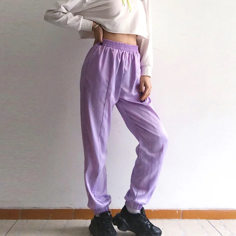 Фото Женские свободные брюки с высокой талией повседневные фиолетовые спортивные