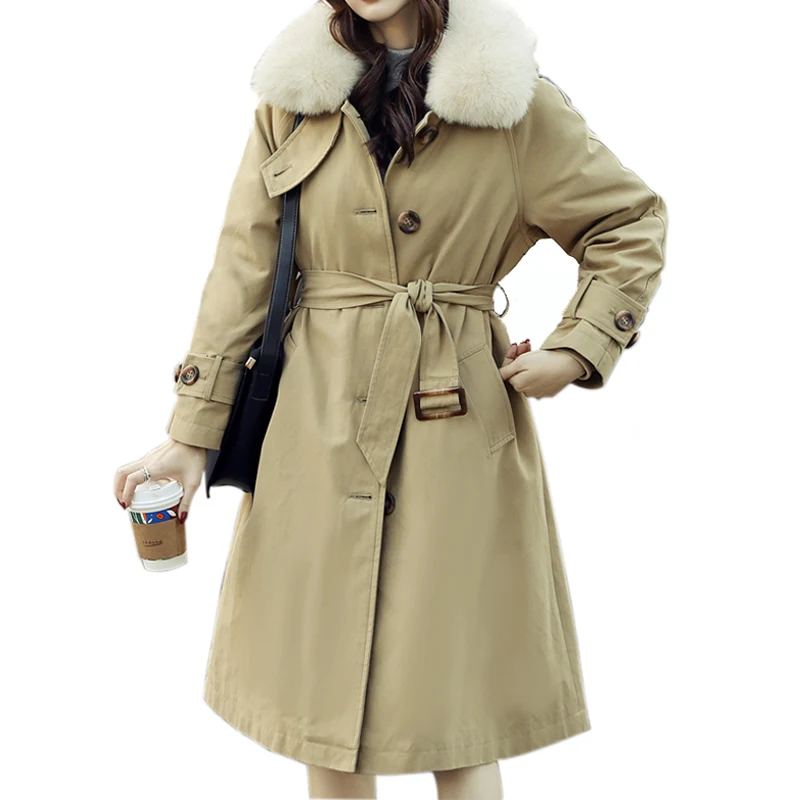 

Duck Down Coat Fox Fur Collar Warm Thick Winter Feather Jacket New Fashion Casual Cotton Medium Long Belt Solid Women Down Coat