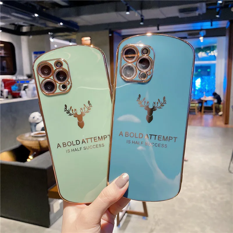 

Deer Elk Plating Oval Phone Cases For iPhone 13 12 11 Pro XS Max X XR 7 8 Plus SE 2020 Case Silicone Soft Back Cover