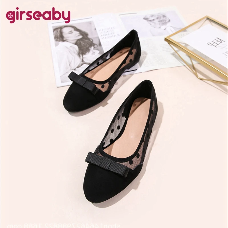 

Girseaby New 2021 Ladies Flat Shoes Round Toe Bowtie Mesh Lace Slip-On Sexy Breathable Big Size 41 Casual Party Wedding A3577