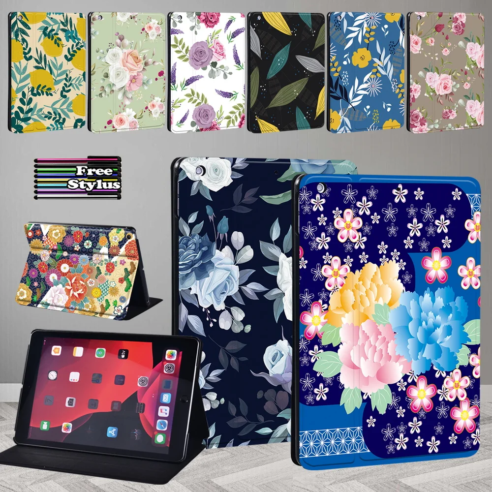 Case for Apple Mini 1/2/3/4/5/IPad 8th/7th/IPad 2/3/4/5/6 New Flower Pattern Pu Leather Stand Tablet Protective Cover+Stylus