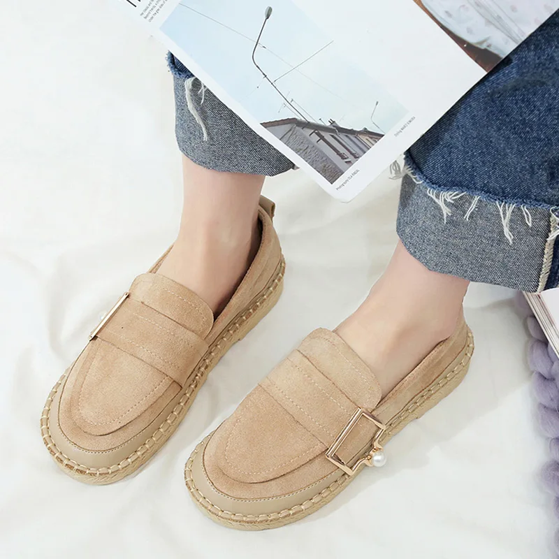 

Brown Women Flat Classic Slip On Round Toe Shoes Vintage Belt Buckle Metal Decoration Footwear Female Girl For Autumn Size 35-40