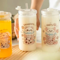 450ml super cute glass water bottle portable durable water bottle with straw school office nice travel mug coffee tea cup