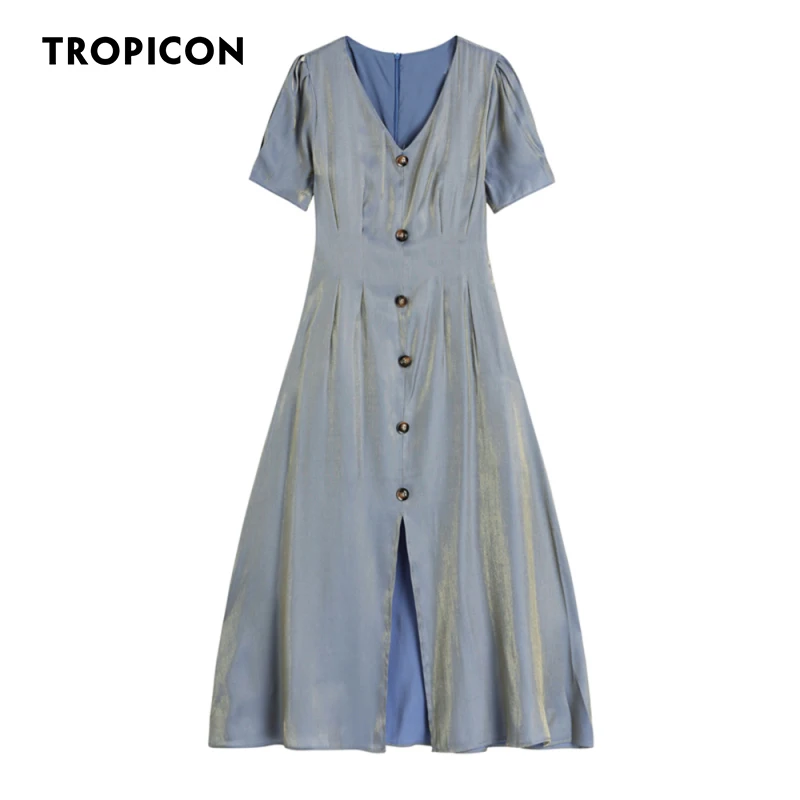

TROPICON Reflective Puff Sleeve Long Midi Dress Women V Neck Tunic Asymmetrical Button Short Sleeve Flowy Ladies Summer Dress