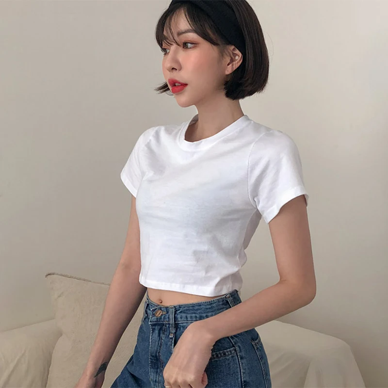 

New Summer T Shirt Women Knitted Casual Short Sleeves Top O-Neck Tshirt Slim blue Kintwear Female T-shirt