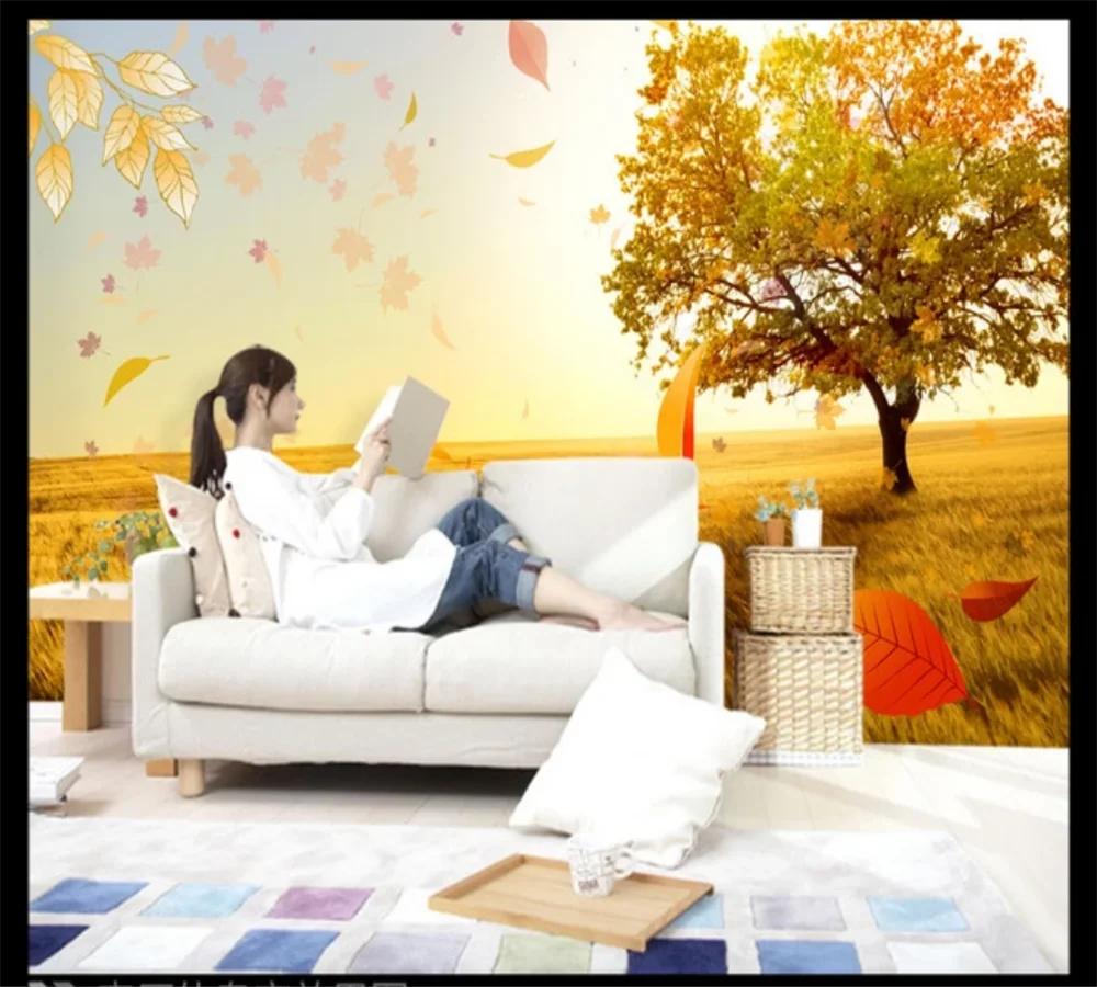 Пользовательские обои 8d роспись Золотой осенний пейзаж листья Летающая гостиная