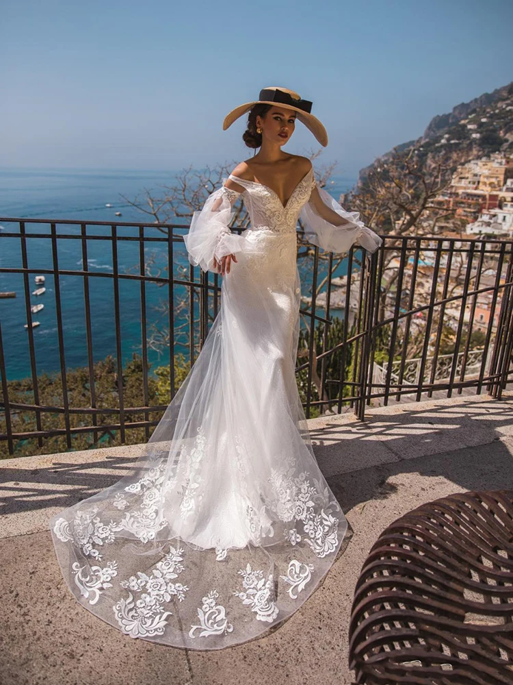 

MNGRL Luxury V-neck Long Sleeve Mermaid White Lace 3D Flower Wedding Gown Plus Size Backless Perspective Bridal Dresses