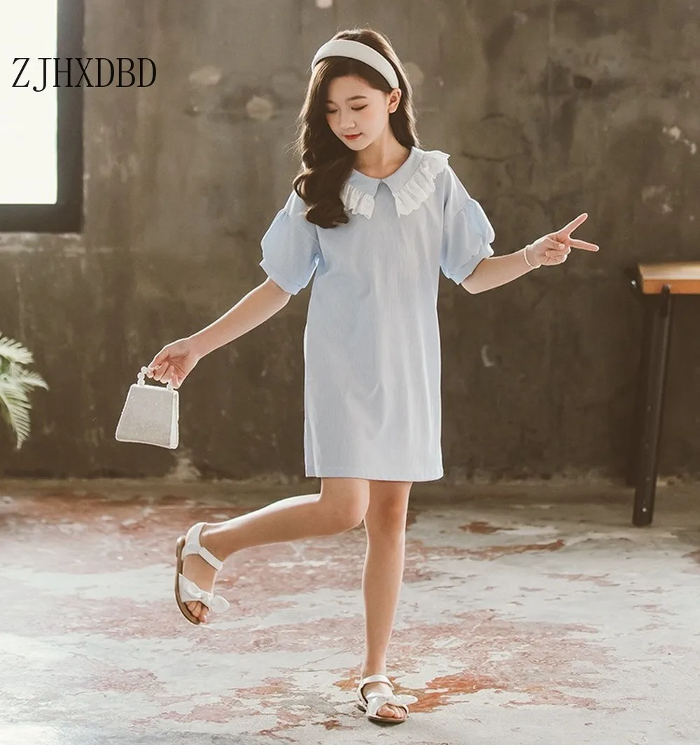 Платье для девочек Лето 2020 Корейская иностранная синяя однотонная Повседневная