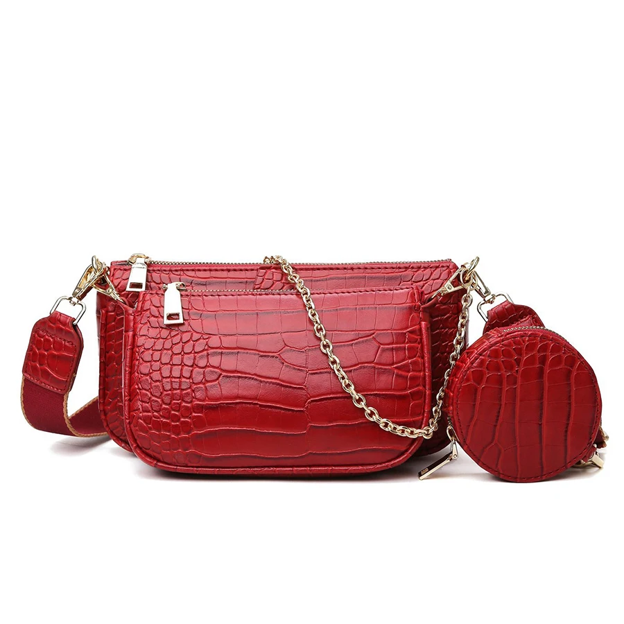 

Alligator Pattern Woman Crossbody Bag Quality Leather Fashion Three In One Handbag Wide Shoulder Bag Female Coin Purse Phone Bag