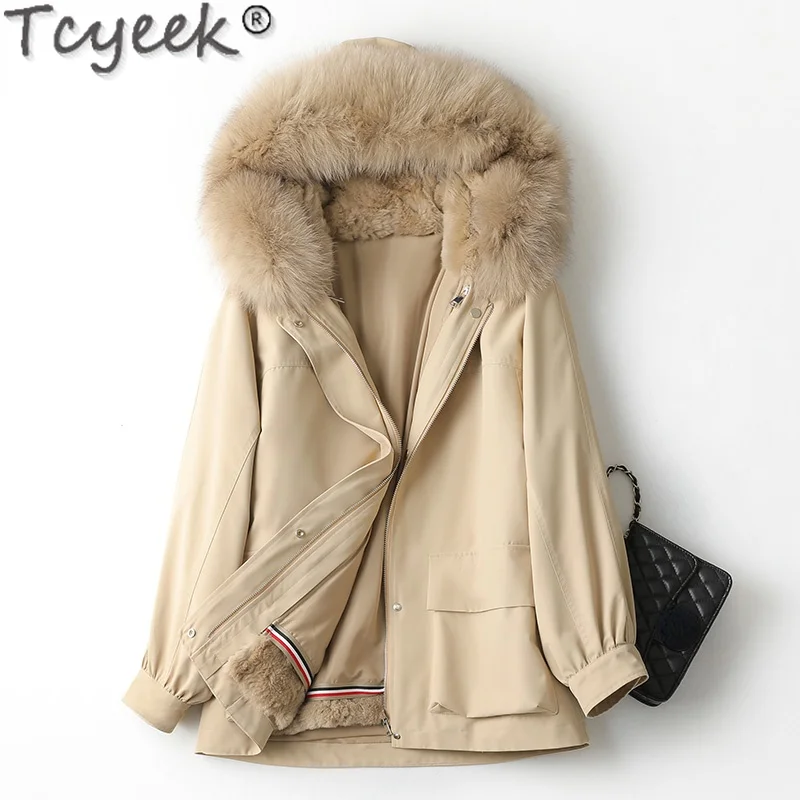 

Tcyeek Warm Thick Real Rex Rabbit Fur Parkas Winter 2021 Hooded Fox Fur Collar Jackets Women's Clothing Jaqueta Feminina Gxy807