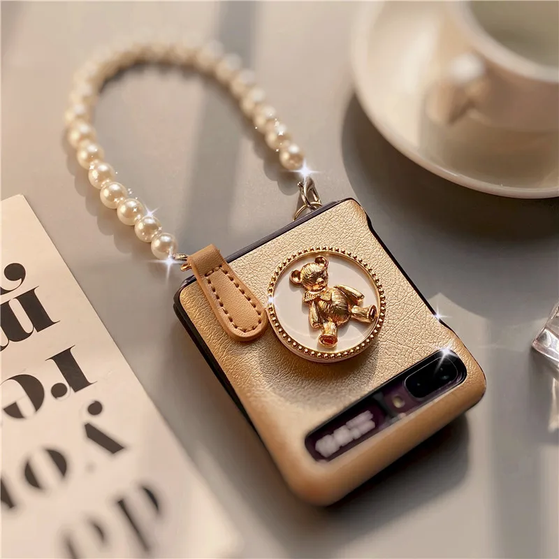 classic bear cases for samsung zflip case leather lanyard bracket diagonal folding phone case for samsung z flip 5g f7070 f7000 free global shipping