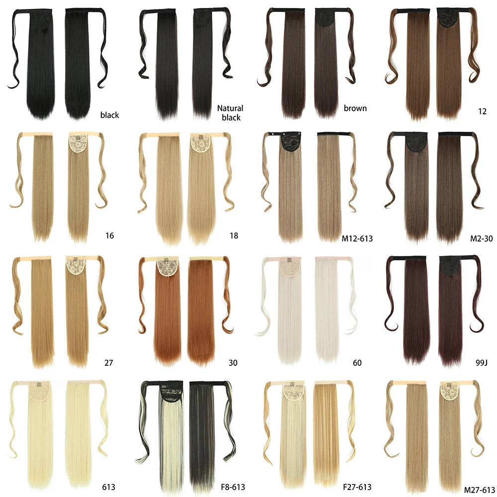 

AZIR Synthetic Long Straight Wrap Around Clip on Ponytail Hair Extension Heat Resistant Pony Tail Fake Hair Brown Gray