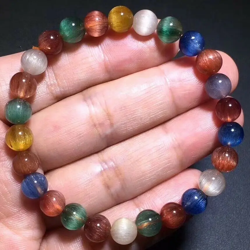 

Natural Colorful Rutilated Quartz Crystal Bracelet Round Beads Stretch 7mm Green Copper Rutilated AAAAA