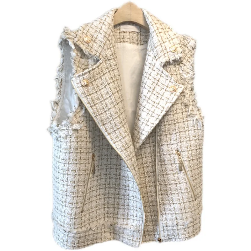 

Autumn 2022Lapel Tassel Tweed Motorcycle Jacket Women Zipper Loose Casual V-neck Black Vest Manteau Femme Hiver K9712