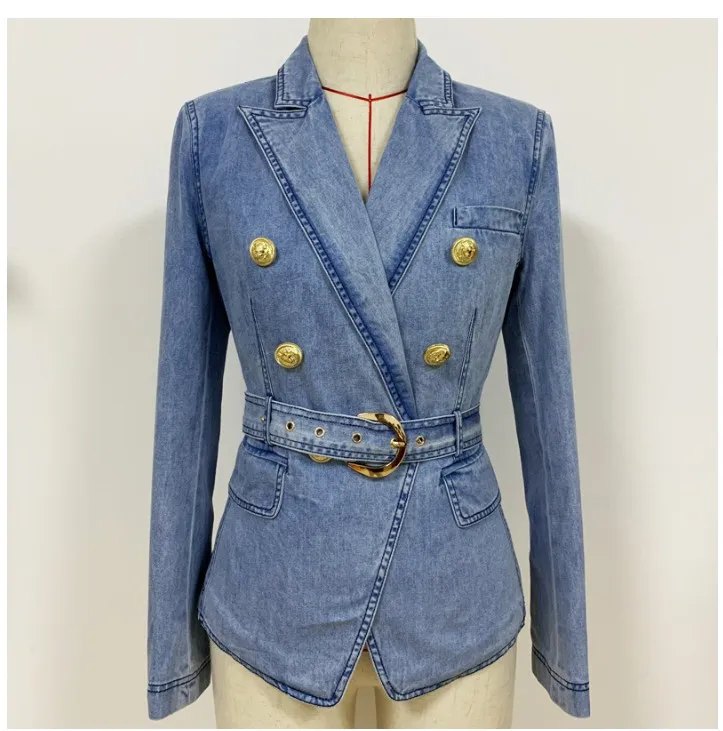 

2020 Autumn Winter New Fashion Designer Blazer Women's Double Breasted Metal Lion Buttons Belted Soft Denim Jacket Blazer
