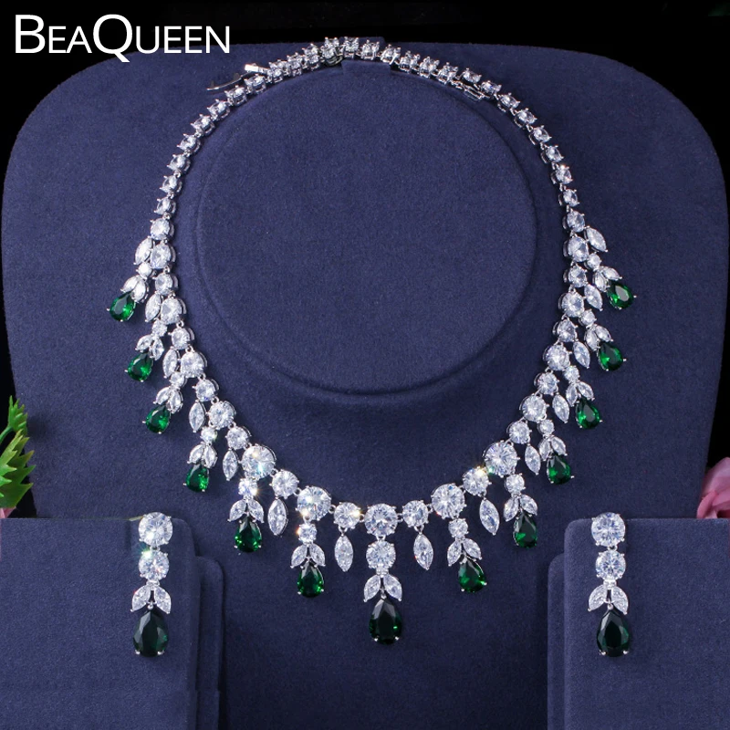BeaQueen изысканные зеленые серьги в форме капли воды ожерелье кубический цирконий